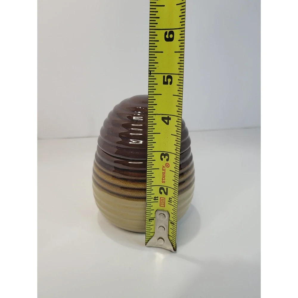 Vintage Beehive Ceramic Honey Pot Jar Two Tone Brown Drip Glaze with Lid 5in
